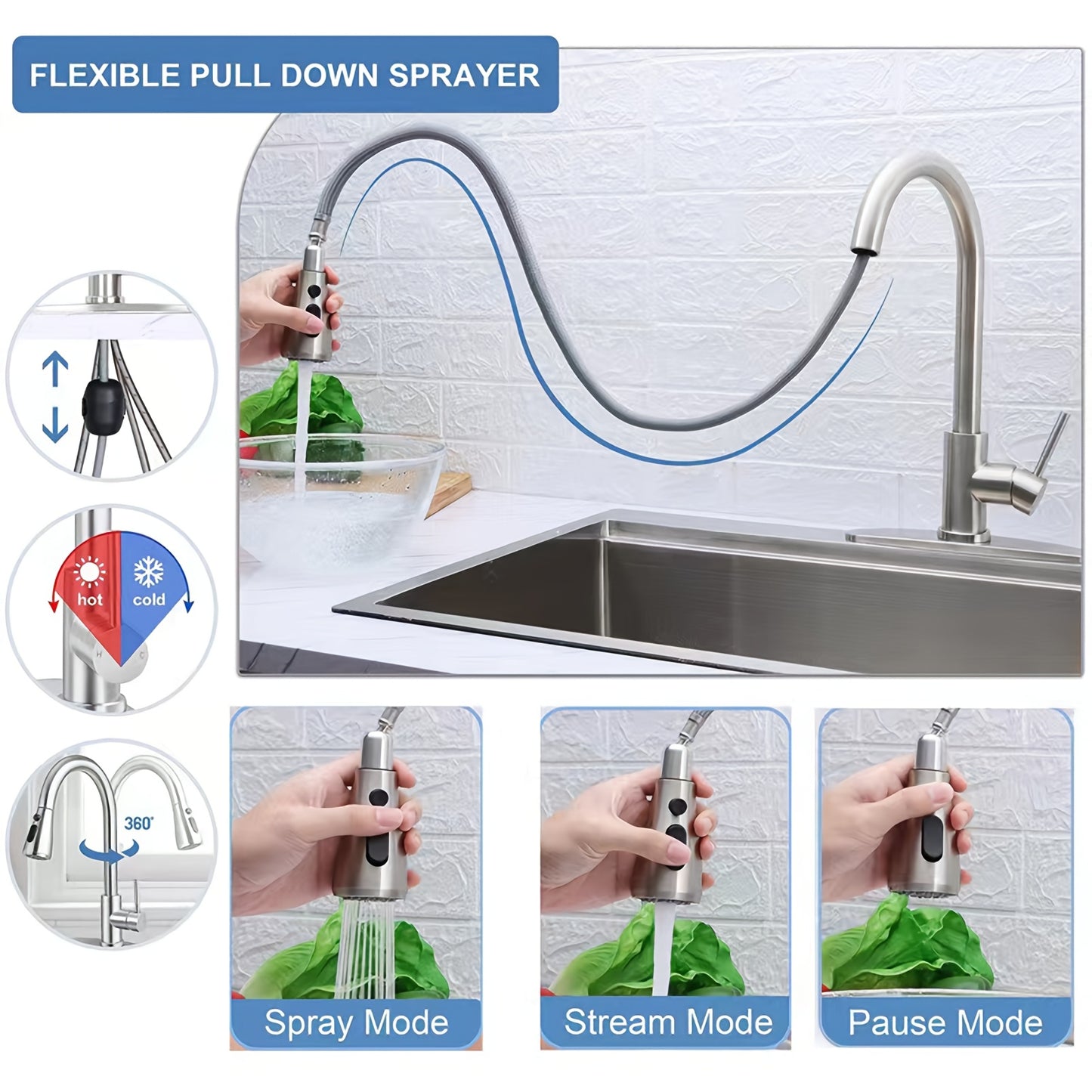 Large stainless steel sink with single basin in Silvery color, featuring a pull-out faucet and drain basket, measuring 80x50cm, complete with soap dispenser and drainage kit.