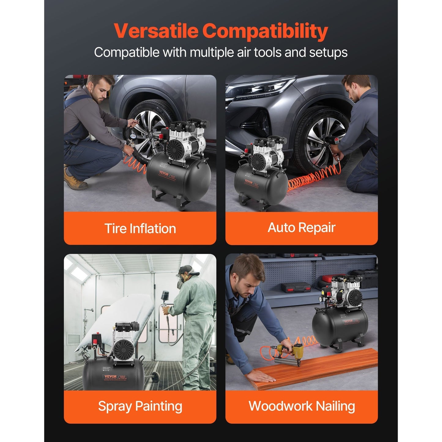 VEVOR Air Compressor Compact Portable Oil Free Compressor 10 Gallon 90 PSI