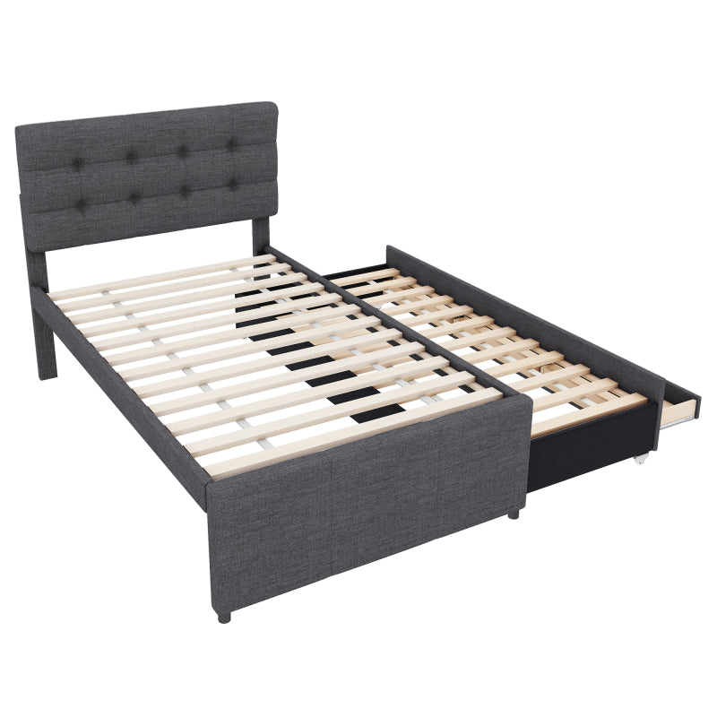 Bedframe – Eenpersoonsbed – Kinderbed – Gestoffeerd Bed – Bed met Opbergruimte – 90x200 cm – Verstelbaar Hoofdeinde – Grijs Linnen