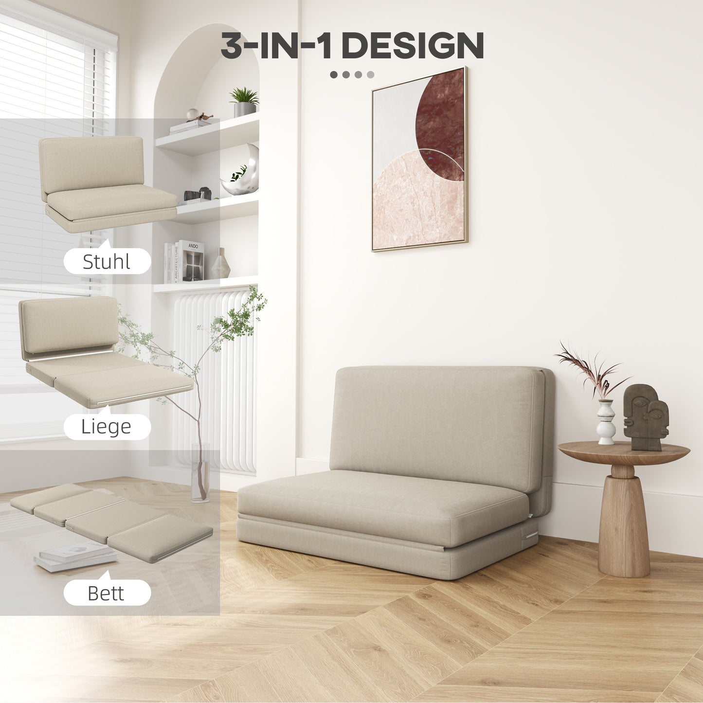 Relaxstoel – Fauteuil – Loungestoel – Vloerstoel – Slaapstoel – 2-in-1 Opvouwbaar – 120 cm Breed – Beige Velvet Stoffering