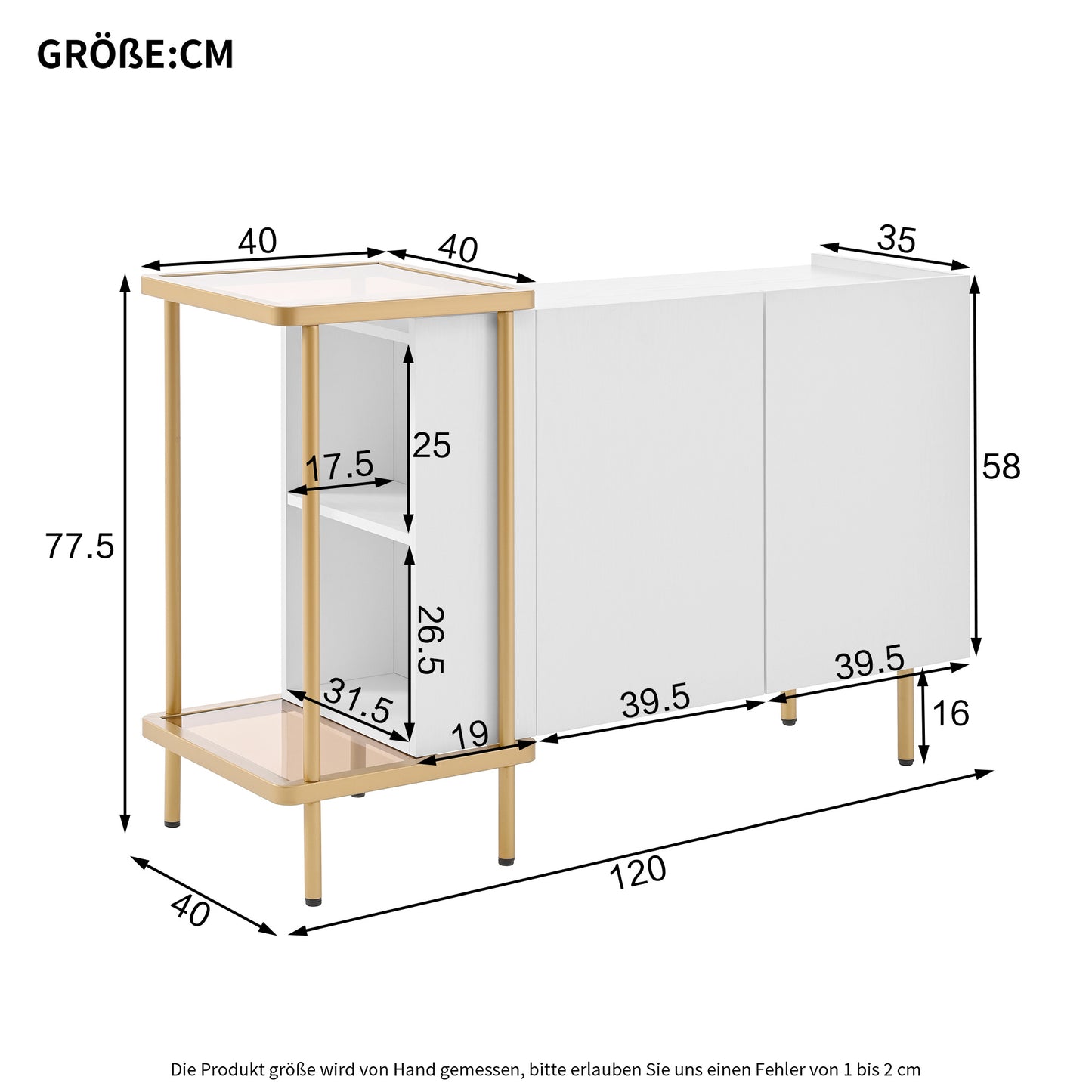 BTM Sideboard Cabinet with 2 Doors & 2 Open Shelves (Sideboard, Dresser, Storage Cabinet), Metal Frame, Glass Top, 120×40×77.5 Cm