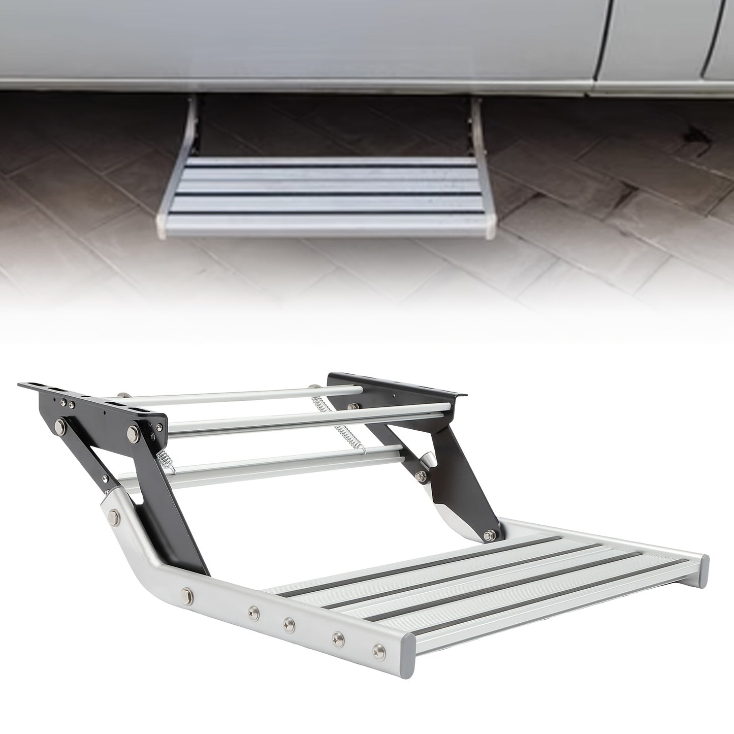 Instaptrap Camper – Opvouwbare Trap – Caravan Trap – Bus Instap – Enkele Trede – Aluminium Legering – Antislip Voetplaat – Draagkracht 150 kg – Zilver