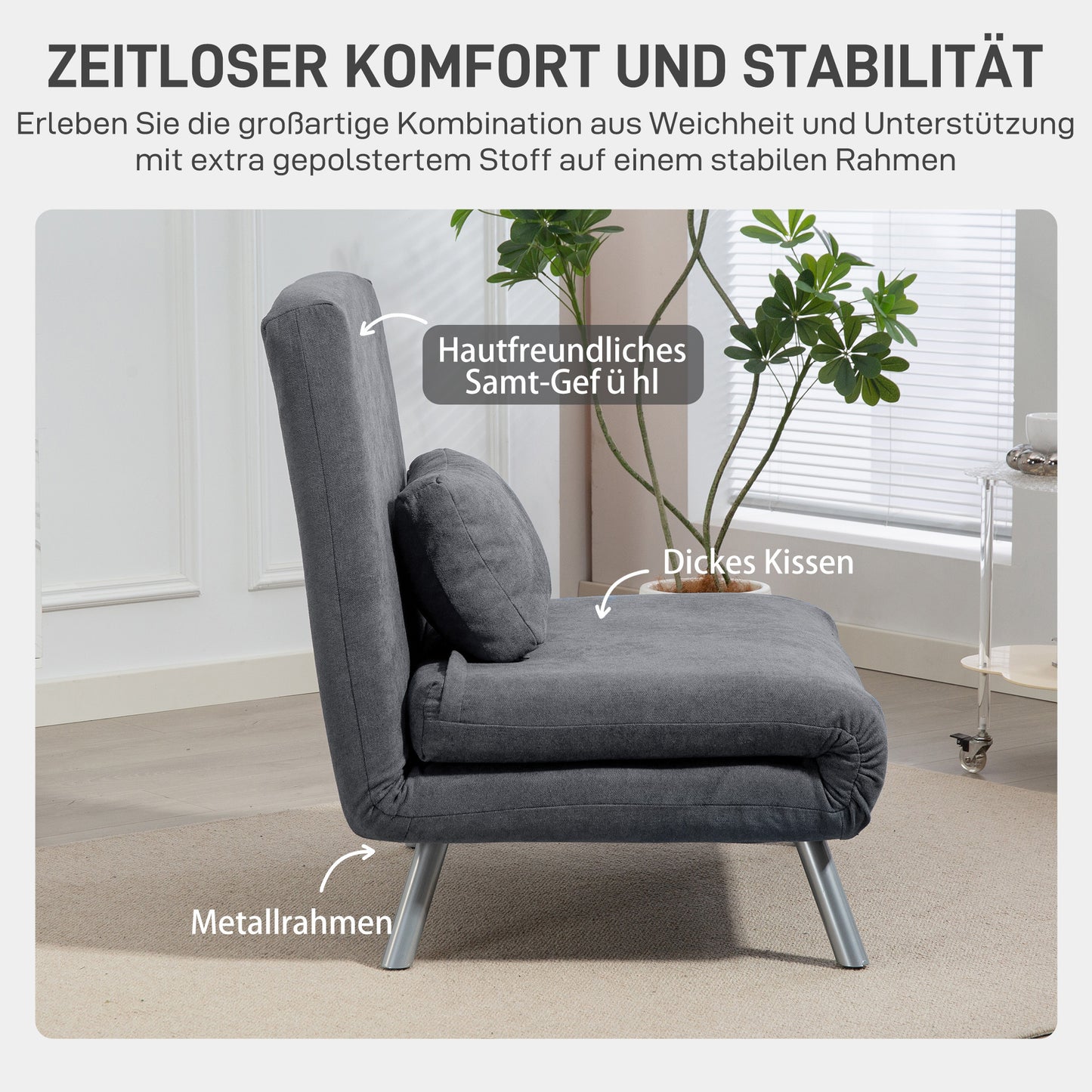 Slaapfauteuil – Slaapstoel – Fauteuil – Logeerbed – Vouwbed – 3-in-1 Design – Donkergrijze Stof – Inclusief Kussen