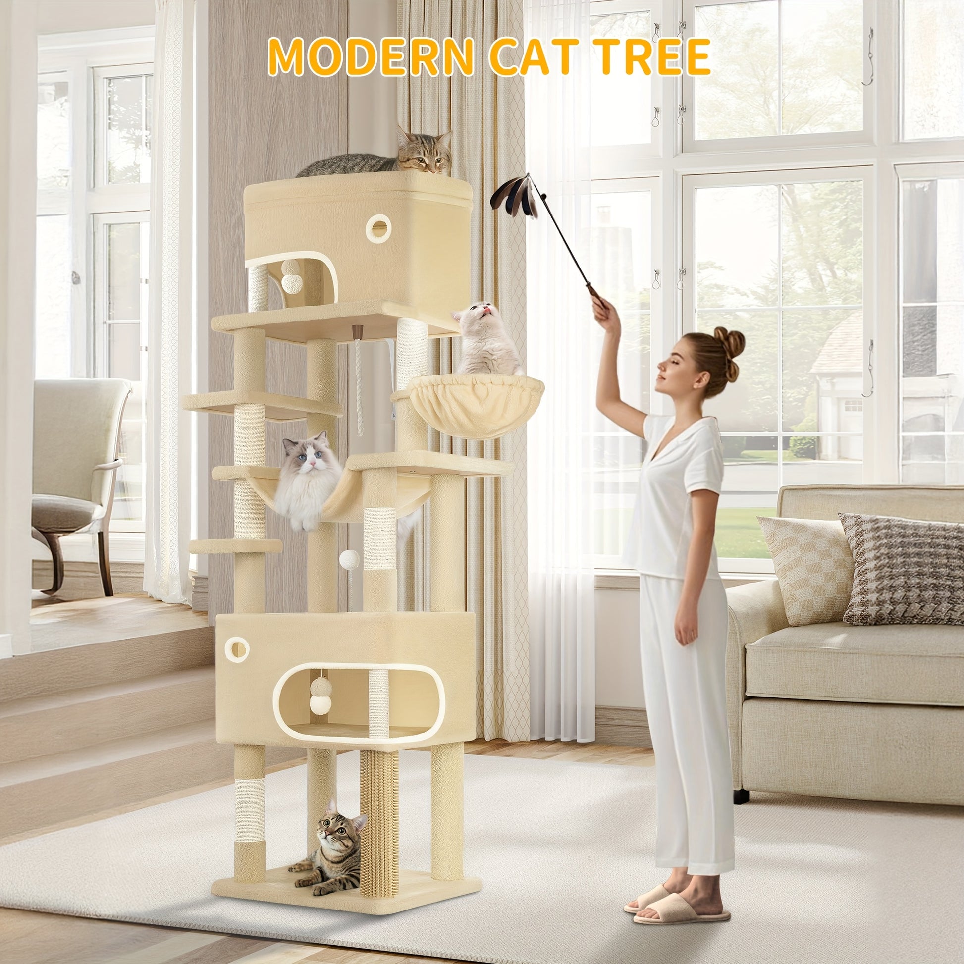 Cat Scratching Post with Large Platform, 2 Caves, 7 Scratching Posts, Pompoms, Loungers, Hammock, Suitable for All Cat Breeds, Beige - QUORE