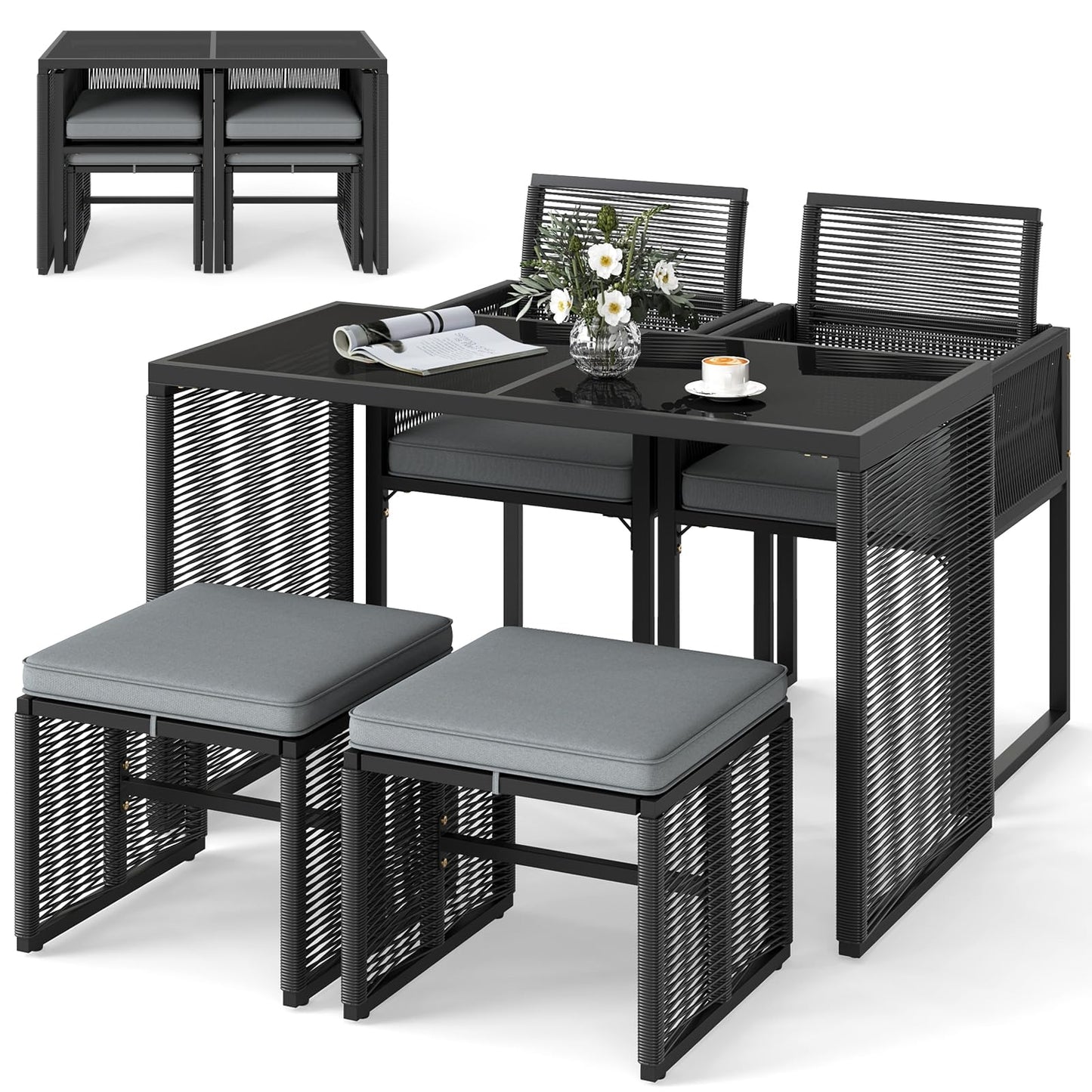 5-Delige Rattan Tuinset – Balkon Meubels – Buitenmeubilair – Tuinmeubelen – Patio Set – Inklapbare Rugleuning – Inclusief Zachte Kussens