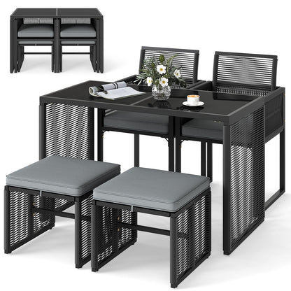 5-Delige Rattan Tuinset – Balkon Meubels – Buitenmeubilair – Tuinmeubelen – Patio Set – Inklapbare Rugleuning – Inclusief Zachte Kussens