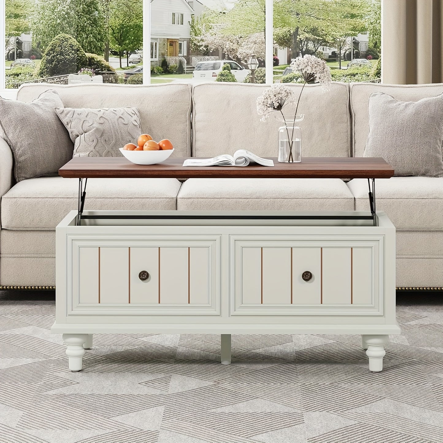 Salontafel – Koffietafel – Bijzettafel – Woonkamertafel – Eettafel – Verstelbaar Tafelblad – Verborgen Opbergruimte – MDF & Hout – Vintage Beige