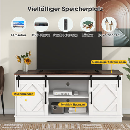 TV-meubel – Tv-meubelkast – Lowboard – Tv-dressoir – Landelijke Tv-meubel – Wit – Schuifdeuren – Verstelbare Planken – 150x40x60 cm – Houten Look