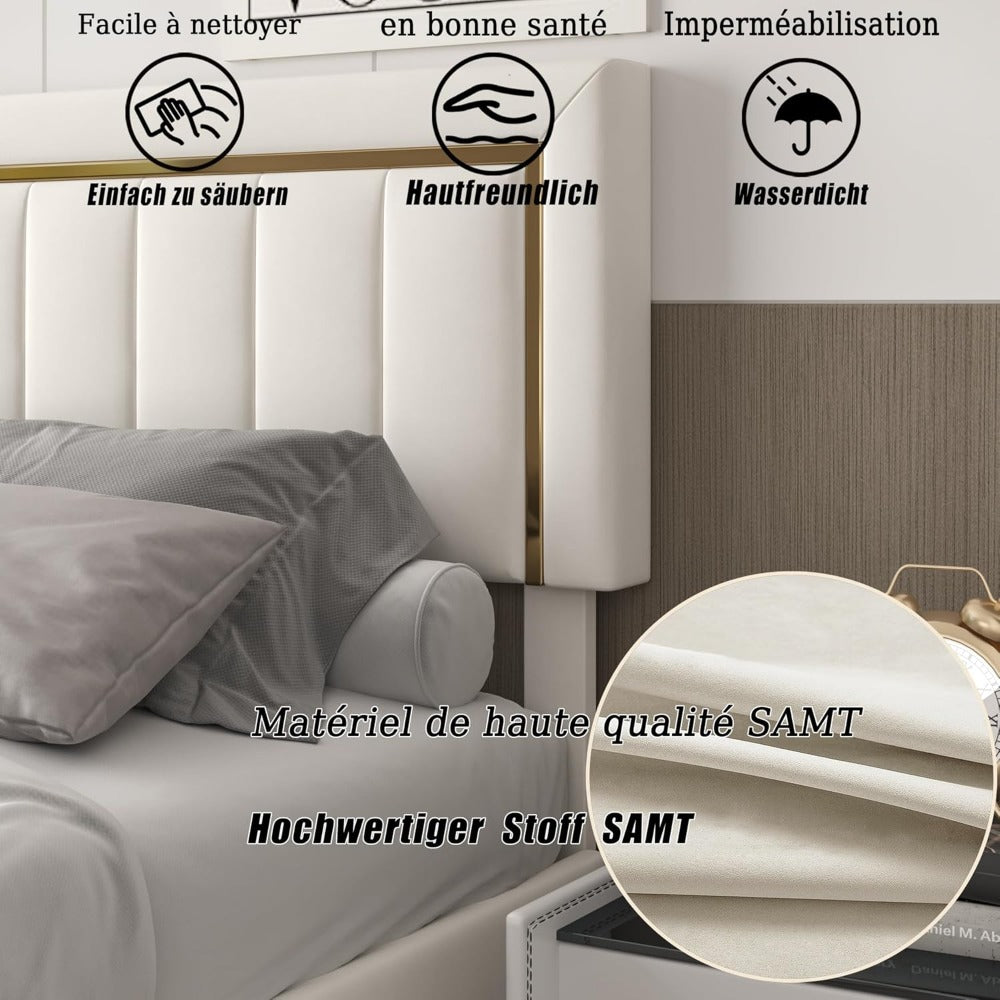 Bed 160x200 cm – Bedframe – Boxspring – Slaapbank – Opbergbed – Beige Fluweel – Hydraulische Opbergruimte – Stevige Houten Lattenbodem