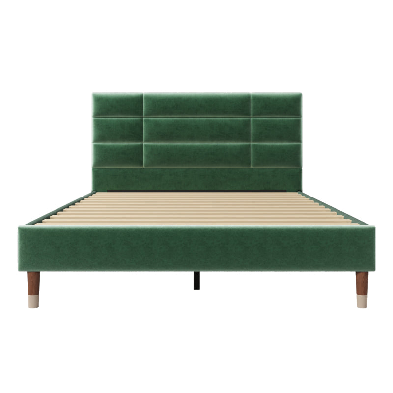 Double Bed with Slatted Frame - Dark Green Upholstered Headboard, Sturdy No-Assembly Bed Frame, Heavy-Duty Construction for Adults & Teens - Mattress Not Included - Ideal for Modern, Headboard Cover For Bed Padded, Headboard