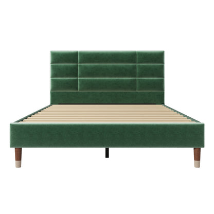 Double Bed with Slatted Frame - Dark Green Upholstered Headboard, Sturdy No-Assembly Bed Frame, Heavy-Duty Construction for Adults & Teens - Mattress Not Included - Ideal for Modern, Headboard Cover For Bed Padded, Headboard