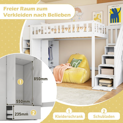Hoogslaper – Stapelbed – Eenpersoonsbed – Opklapbed – Loftbed – Ruimtebesparend Ontwerp – 90x200 cm Wit Met Opbergladder En Planken