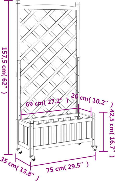 Plantenbak met klimrek - Bloembak - Weerbestendig - Plantenrek - Met trellis - Met wieltjes - Buiten - Hout - 91 Liter - Bruin