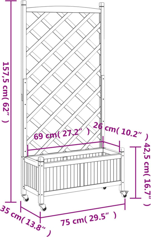 Plantenbak met klimrek - Bloembak - Weerbestendig - Plantenrek - Met trellis - Met wieltjes - Buiten - Hout - 91 Liter - Bruin