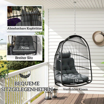 Hangstoel Rattan Hangstoel Schommelstoel Bistrostoel Balkonstoel – Incl. Donkergrijze Kussen – UV-Bestendig – Draagvermogen 150kg – Split Rugleuning – Eenvoudige Montage – Binnen & Buiten Gebruik