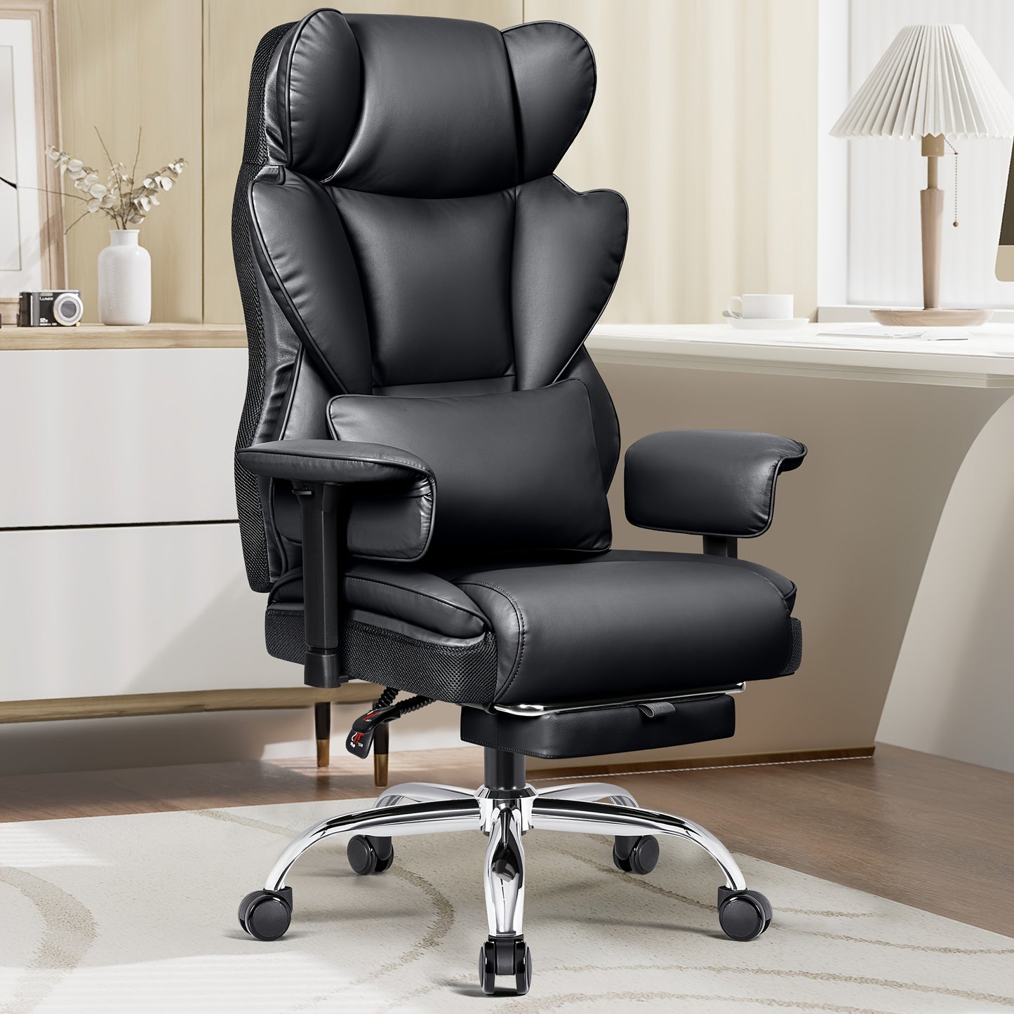Bureaustoel – Bureaustoel Ergonomisch – Bureaustoel Met Voetensteun – Bureaustoel Hoge Rugleuning – Bureaustoel Zwart – PU Leren Bekleding – Koolstofstaal Frame