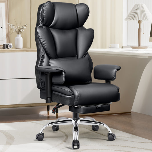 Bureaustoel – Bureaustoel Ergonomisch – Bureaustoel Met Voetensteun – Bureaustoel Hoge Rugleuning – Bureaustoel Zwart – PU Leren Bekleding – Koolstofstaal Frame