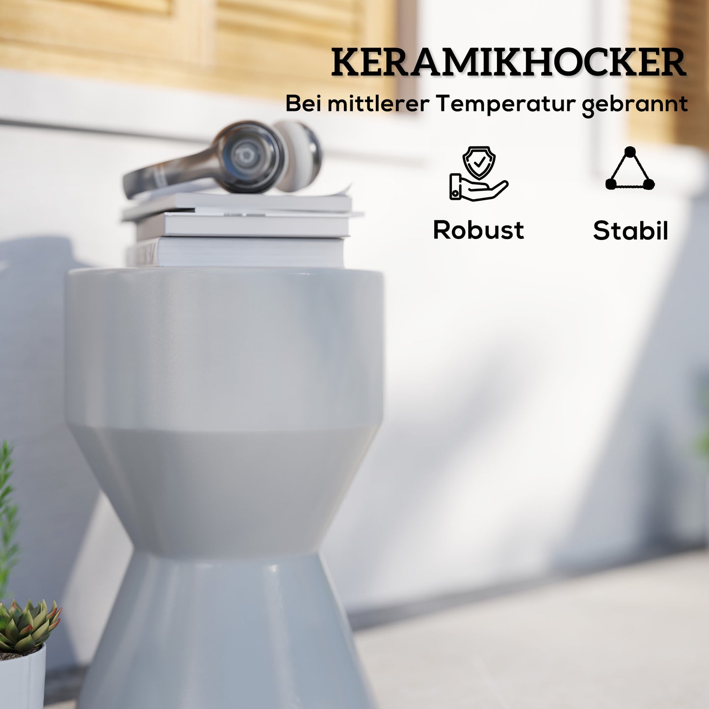 Keramische Kruk – Tuinkruk – Bijzettafel – Voetenbankje – Plantenstandaard – Lichtgrijs – Weerbestendig – Draagvermogen 120 kg – Ø33 x 45,5 cm