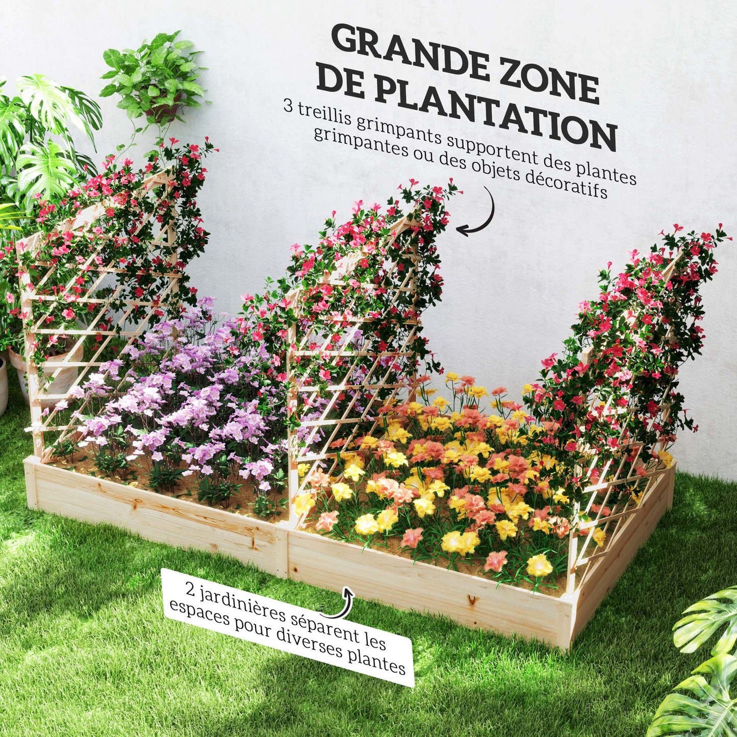 Bloembak – Plantenbak – Tuinbak – Plantenbak Met Klimrek – Bloembak Hout – Verhoogd Tuinbed – Natuurlijk Gelakt Dennenhout – 222x114x109 cm