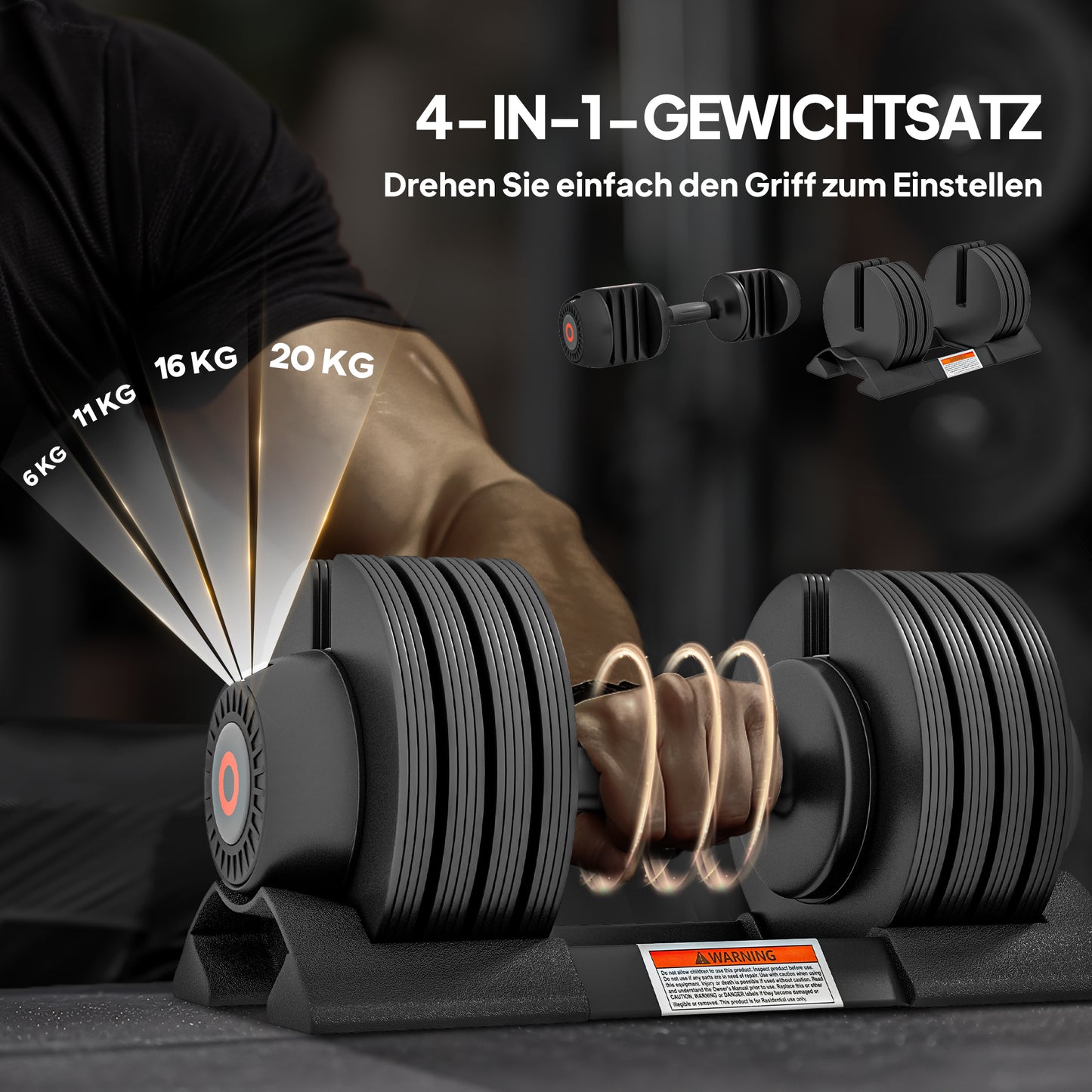 Verstelbare Dumbbell – Halter – Dumbbellset – Fitnessgewicht – Krachttraining – 4 Gewichtsniveaus 6-20 kg – Antislip Handvat & Inclusief Opbergbak – Zwart