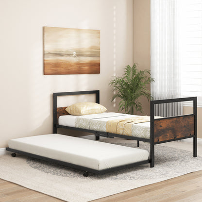 Eenpersoonsbed – Bedframe – Slaapbed – Logeerbed – Stalen Bed – Set van 2 – Compact 90x200 cm – Stevig Metalen Frame Rustiek Bruin
