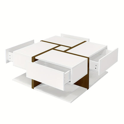 Modern High-Gloss Coffee Table - White & Golden Accent Living Room Center Table, Heavy-Duty Metal Construction, Space-Saving Design for Small Apartments, Easy Assembly (No Wood Components) - Ideal for Apartments, Offices, Hot