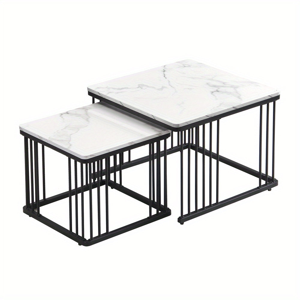 Salontafelset – Woonkamertafel – Bijzettafel – Tafeltje – Salontafels – Wit Marmerlook – Hoogglans MDF – Verstelbare Pootjes – Draagvermogen 30 kg