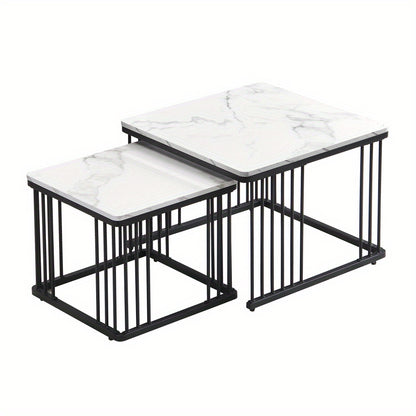 Salontafelset – Woonkamertafel – Bijzettafel – Tafeltje – Salontafels – Wit Marmerlook – Hoogglans MDF – Verstelbare Pootjes – Draagvermogen 30 kg