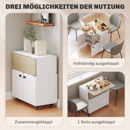 Klaptafel – Vouwtafel – Campingtafel – Tuintafel – Inklapbare Tafel – Met Opbergruimte – 4 Wieltjes – Wit/Natuurlijk Hout – 70x83x75 cm
