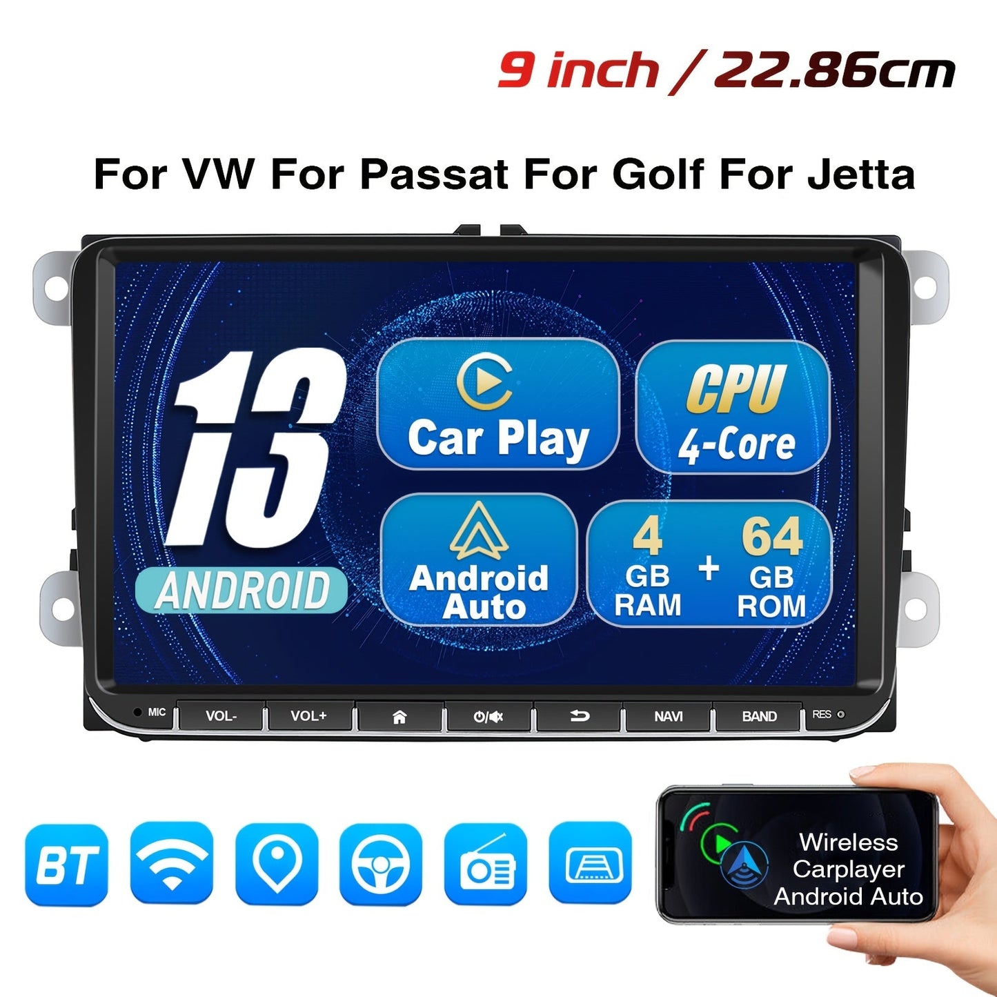 Android Autoradio – Car Multimedia Unit – Auto Radio – Inbouw Radio – 9 Inch Touchscreen – 4GB RAM & 64GB Opslag – Wireless Internet Connectie – GPS Navigatie