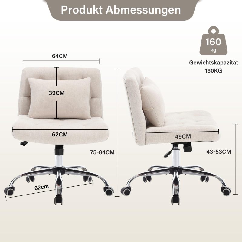 Bureaustoel – Ergonomische Stoel – Kantoorstoel – Draaistoel – Werkstoel – Verstelbare Hoogte – 5-Wielige Wendbaarheid – Maximaal Draaggewicht 160 kg – Beige Linnen
