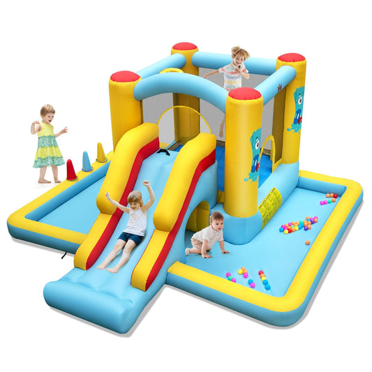 Springkussen – Springkasteel – Luchtkussen – Speeltoestel – Jump-O-Lene – Met Glijbaan & Tunnel – Inclusief Basketbalring & Ringwerpspel – Groot 394x389x194 cm – Duurzaam Oxford Polyester