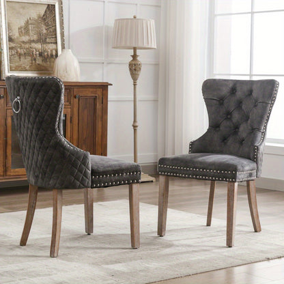 Eetkamerstoel – Keukenstoel – Woonkamerstoel – Stoelenset – Velvet Stoel – Set Van 2 – Grijze Velvet Bekleding – Massief Houten Poten Met Unieke Deurknop