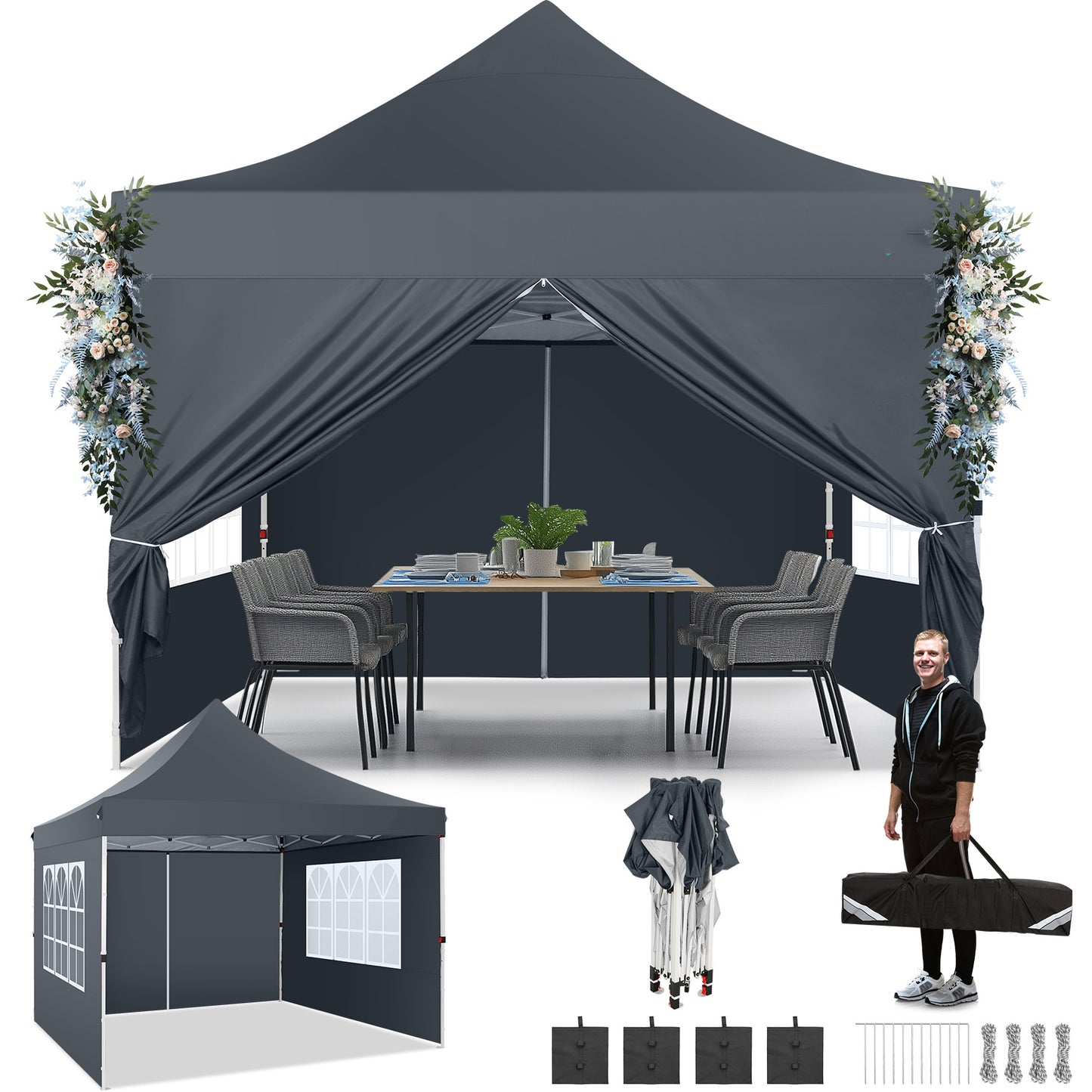 Pop-up Partytent 3x3m – Tuinkamer – Feesttent – Markttent – Paviljoen – Stevig Carbonstalen Frame – UV50+ Waterbestendig Doek – Inclusief Zijwanden Met Raampjes – Met Zandzakken – Wit