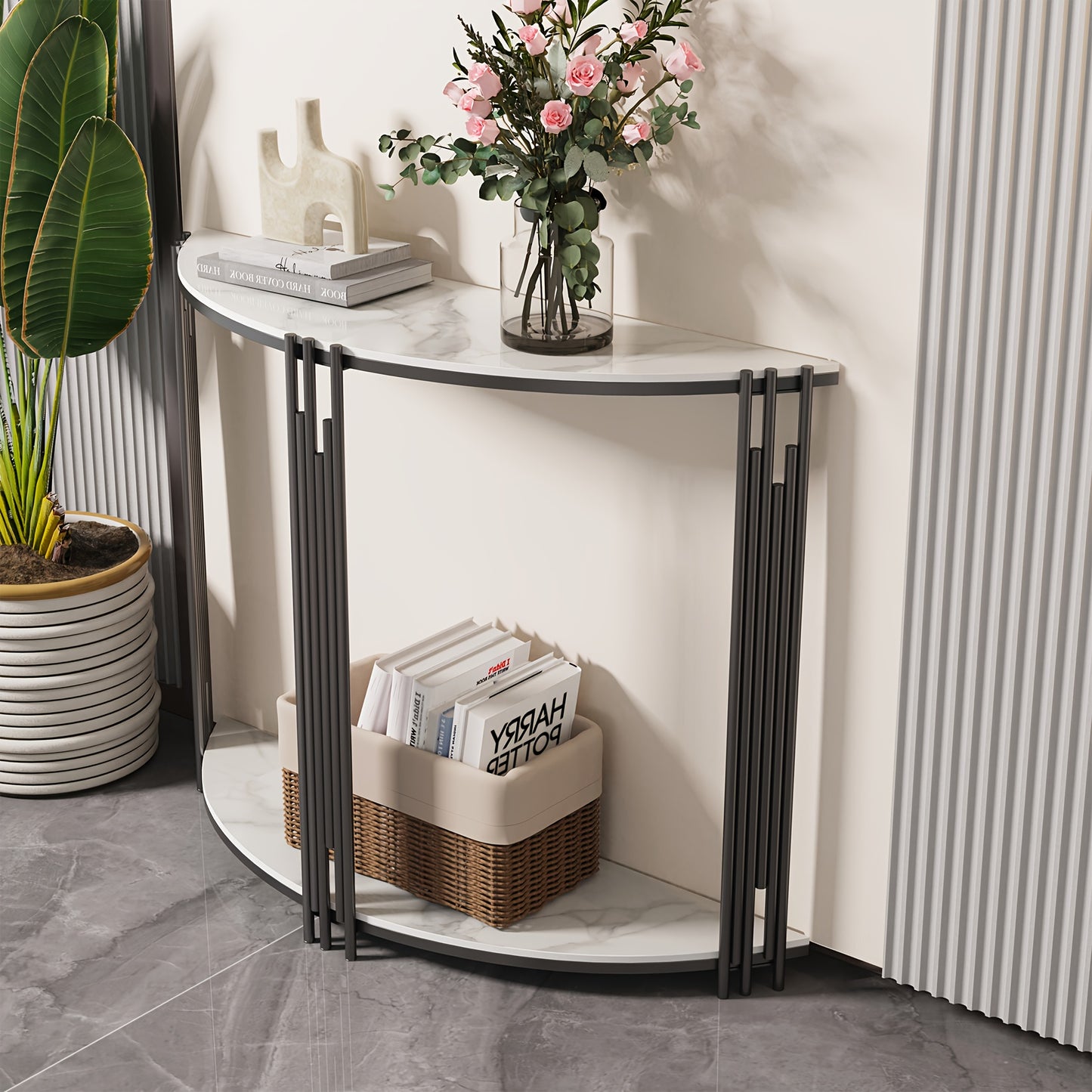 Sidetable – Haltafel – Sofa Tafel – Bijzettafel – Accenttafel – Halfrond Design – Gelaagd Met Sintersteen – 100x30x78 cm – Modern Minimalistisch – Zwart Metaal Frame