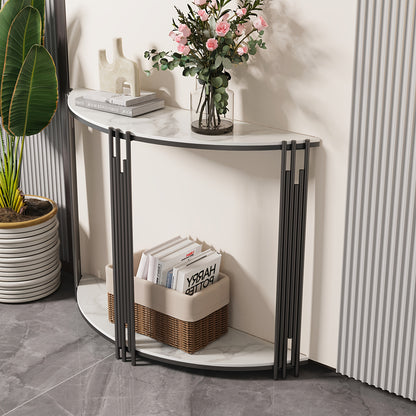 Sidetable – Haltafel – Sofa Tafel – Bijzettafel – Accenttafel – Halfrond Design – Gelaagd Met Sintersteen – 100x30x78 cm – Modern Minimalistisch – Zwart Metaal Frame