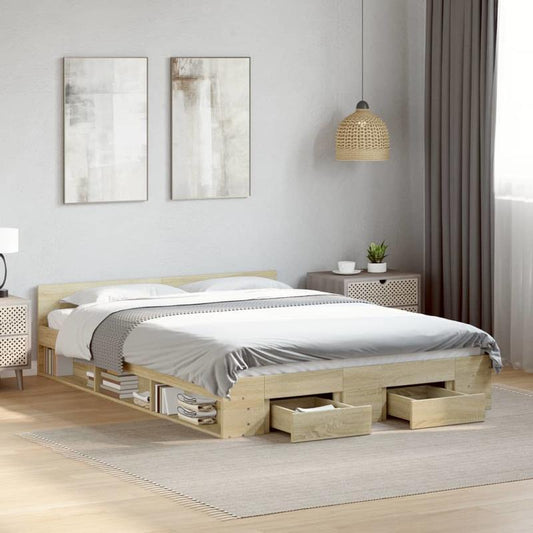 3-Tier Bed Frame Cassetti Rovere Sonoma 150x200cm Wood - Multilayer Removable & Durable Frame with Headboard, Footboard & Storage Bins, Contemporary Style for Small Bedrooms, Bedroom Furniture, Modern Bedroom Decor, Sturdy Construction