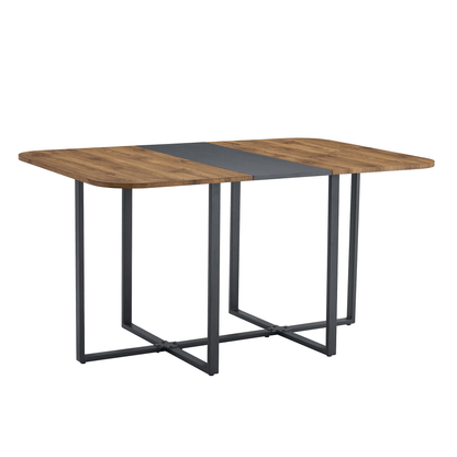 Extendable Dining Table with Wood Grain Finish and Black Stripe Accents | Sturdy Black Metal Frame, Space-Saving Design, Suitable for 4-6 People, Contemporary Style