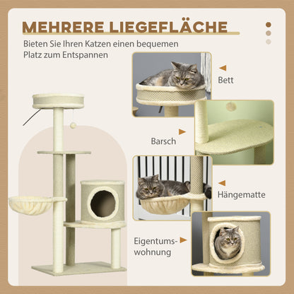 Krabpaal – Kattenkrabmeubel – Kattenboom – Krabton – Kattenhuis – Met Kattenholte en Hangmat – 124 cm Hoog – Natuurlijk Sisaltouw & Pluche Ligplaatsen