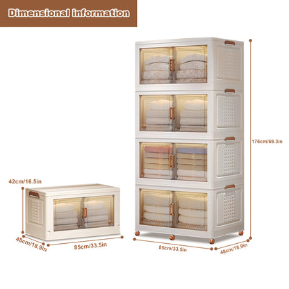 4-laags Plastic Kledingkast – Opbergkast – Dressoir – Garderobekast – Opbergkast Met Deuren – Wit – Inklapbaar Ontwerp – 4 Wielen Voor Mobiliteit – 4x145L Capaciteit – Duurzaam PP Materiaal