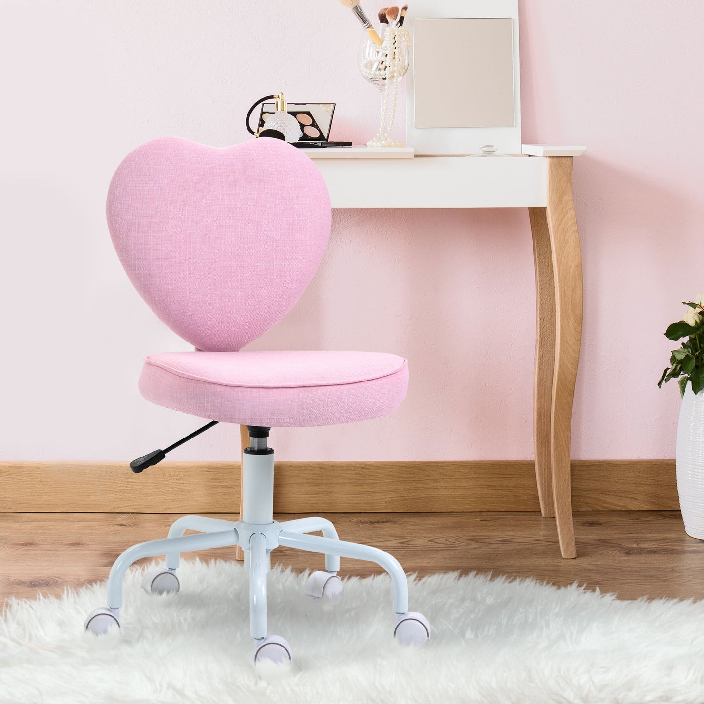 Draaistoel – Bureaustoel – Bureaukruk – Werkstoel – Kinderstoel – Hartvormig Design – Verstelbare Hoogte 79-89 cm – Linnenlook Stoffering – Roze Kleur