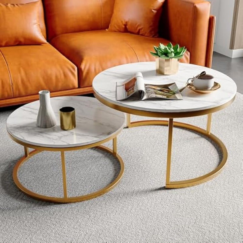 Ronde Salontafel – Bijzettafel – Nesting Tafel – Koffietafel – Woonkamer Tafel – Set van 2 – MDF en Massief Houten Blad – Goud Metaal Frame – Compact en Modulair Design