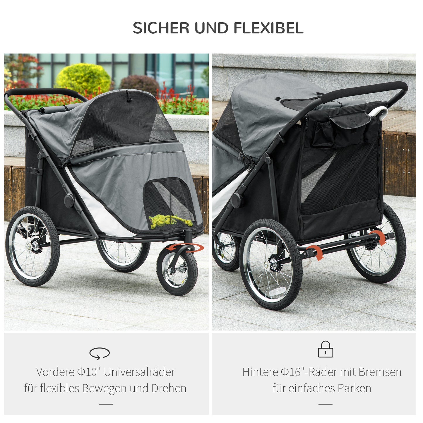Foldable Dog Stroller with Reclining Cushion, Steel Frame, Gray/Black