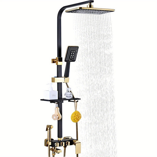 Douchepaneel – Douche Set – Douche Systeem – Regendouche – Handdouche – Zwart-Goud Design – Verstelbare Hoogte 75-120 cm