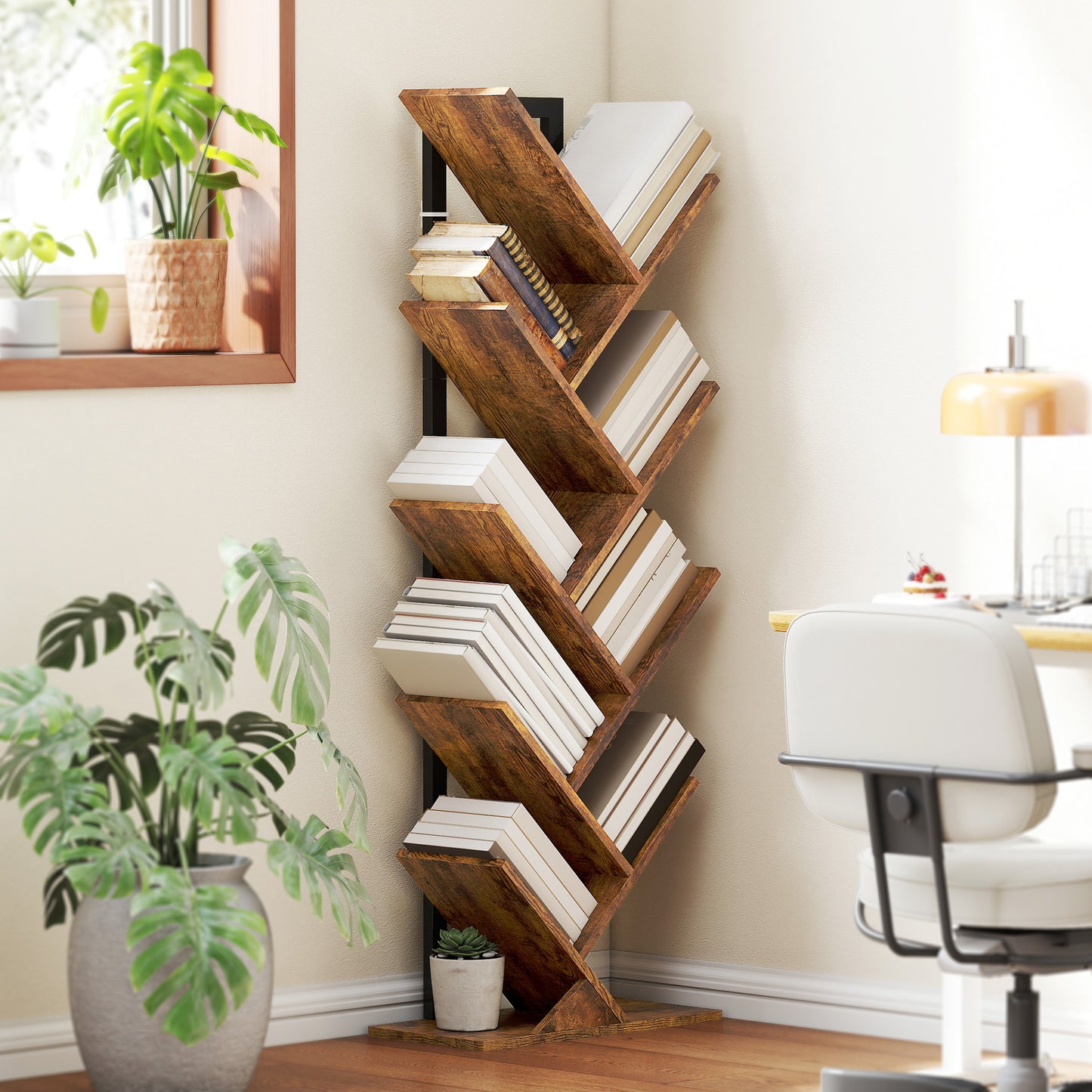Boekenplank Vloerstaand – Boekrek – Opberger – Boekenhouder – Vakkenkast – Rustiek Bruin – Boomvorm Met 9 Niveaus – Ruimtebesparend Smal Design