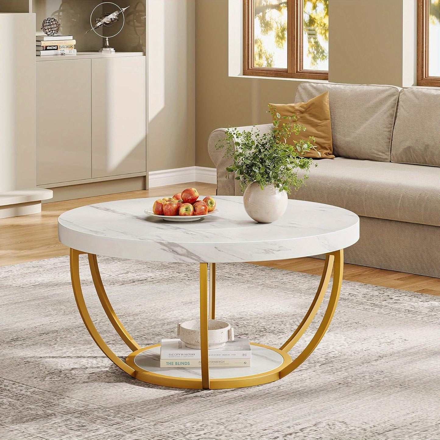 Salontafel – Koffietafel – Woonkamertafel – Bijzettafel – Tafel – Modern – Ronde 2-laags – Wit marmerlook MDF blad – Gouden metalen poten