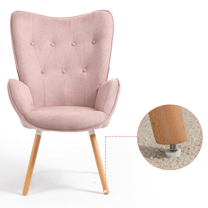Slaapkamerfauteuil – Lounge Stoel – Zetel – Relaxfauteuil – Living Kamerstoel – Roze Stoffen Bekleding – Scandinavisch Design Met Eiken Houten Poten