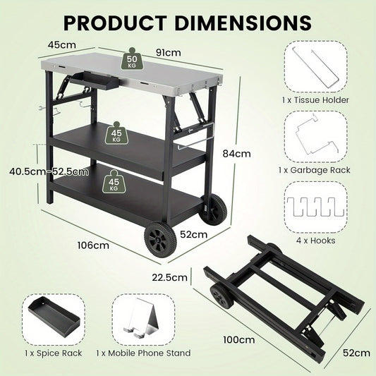 Buitenkeukentrolley – Buitenwagen – BBQ Trolley – Opbergtrolley – Werktafel – Roestvrijstaal – Inklapbaar – Verstelbare Middenplank – Met Wieltjes – 3-laags Opbergruimte