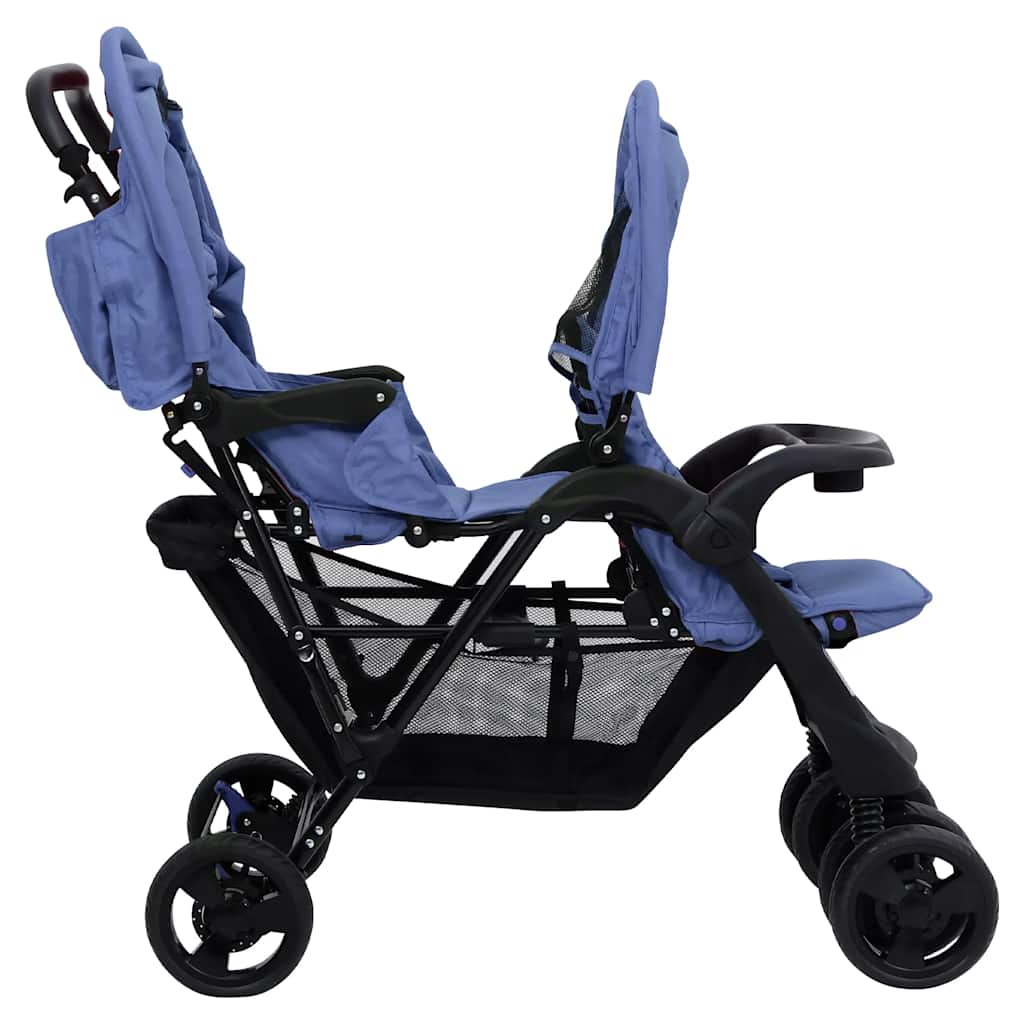 Tandem Kinderwagen – Tweelingwagen – Dubbele Kinderwagen – Duo Buggy – Tweekinderwagen – Staal en Linnen – Verstelbare Zonnekap – Ruime Ondermand – Marineblauw