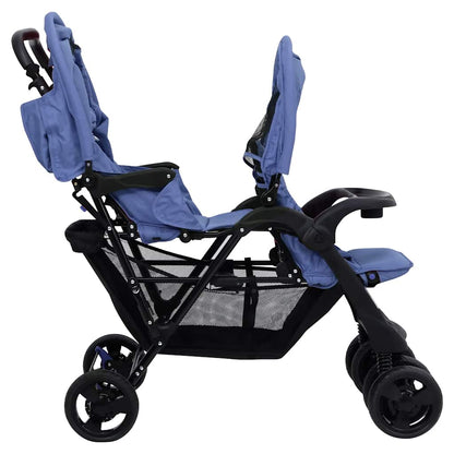 Tandem Kinderwagen – Tweelingwagen – Dubbele Kinderwagen – Duo Buggy – Tweekinderwagen – Staal en Linnen – Verstelbare Zonnekap – Ruime Ondermand – Marineblauw